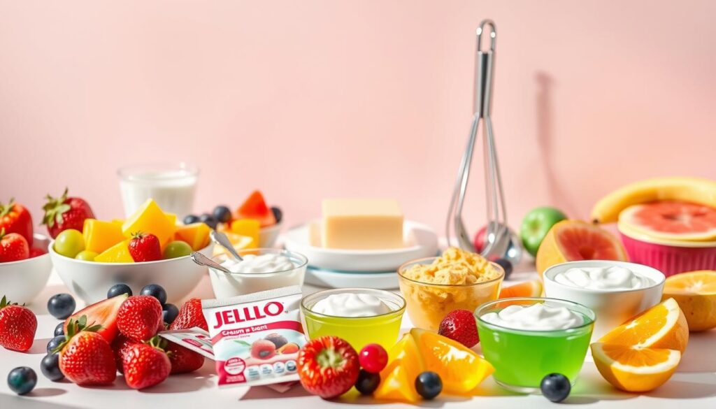 ingredientes e utensílios para sobremesa colorida
