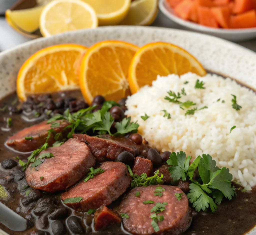 Foto de feijoada completa servida na panela de barro