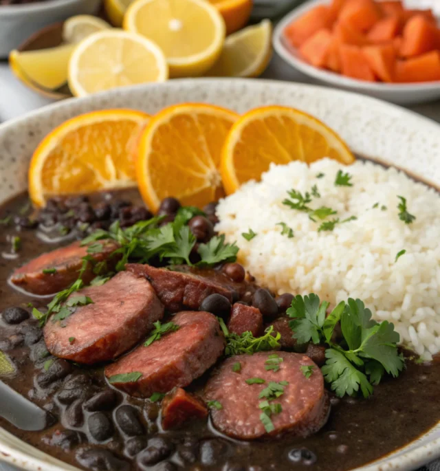 Foto de feijoada completa servida na panela de barro